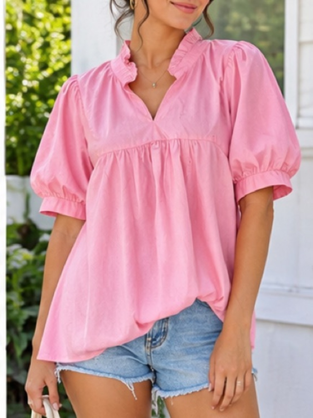Pink Ruffle V-Neck Puff Sleeve Women's Top - Picture 1 of 3